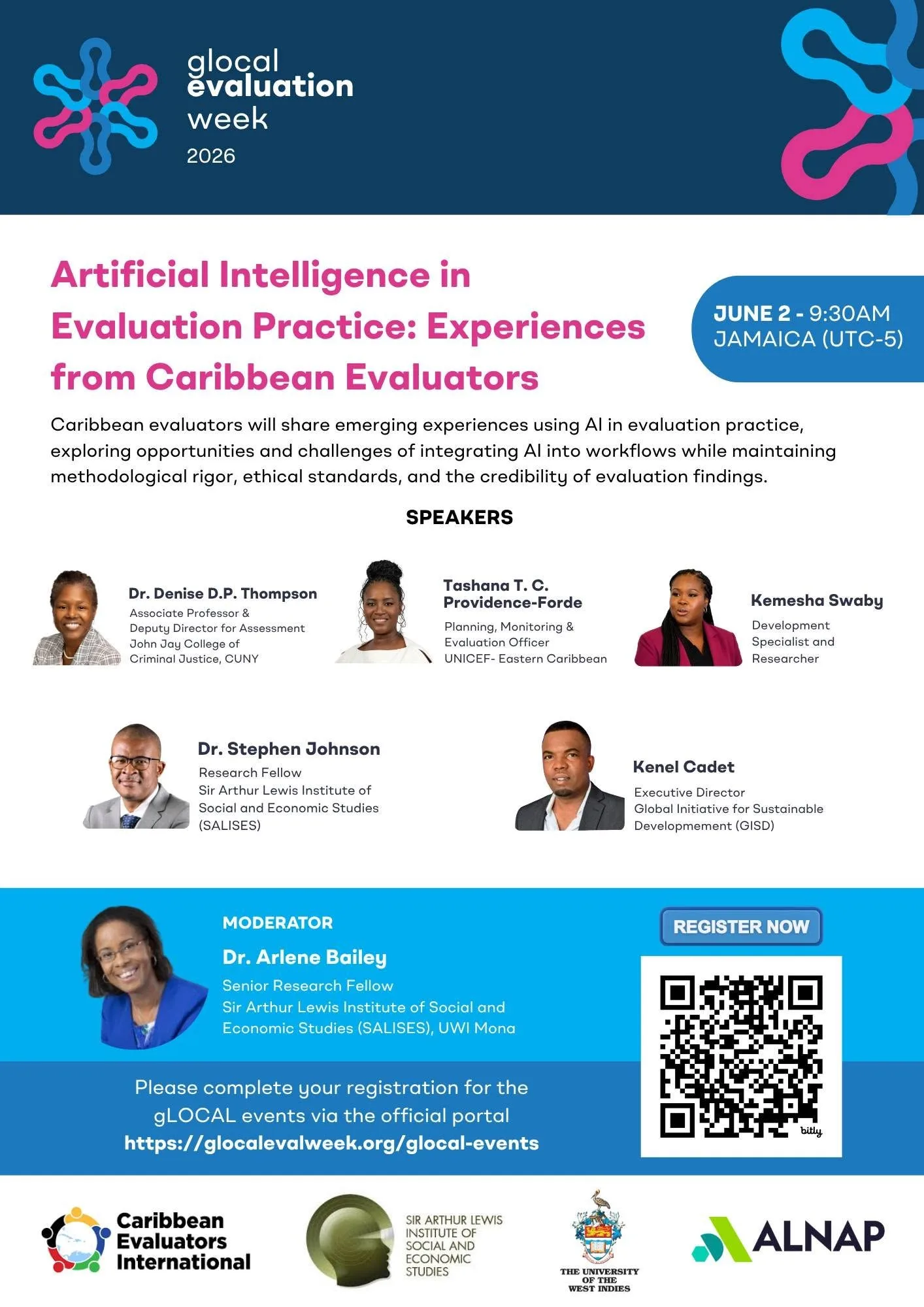 Event poster: gLOCAL Evaluation Week 2026, Artificial Intelligence in Evaluation Practice: Experiences from Caribbean Evaluators, 2 June, with speakers, moderator and organizer logos.