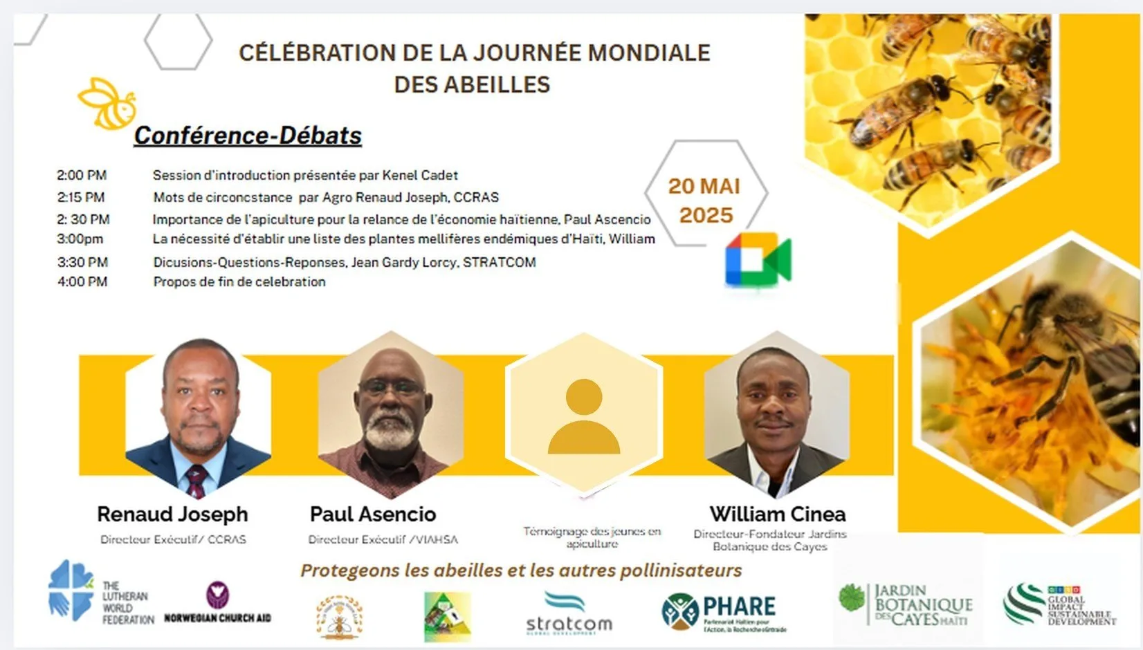 Event poster: World Bee Day celebration, conference and debate, May 20, 2025, with the program, speakers and partner logos.