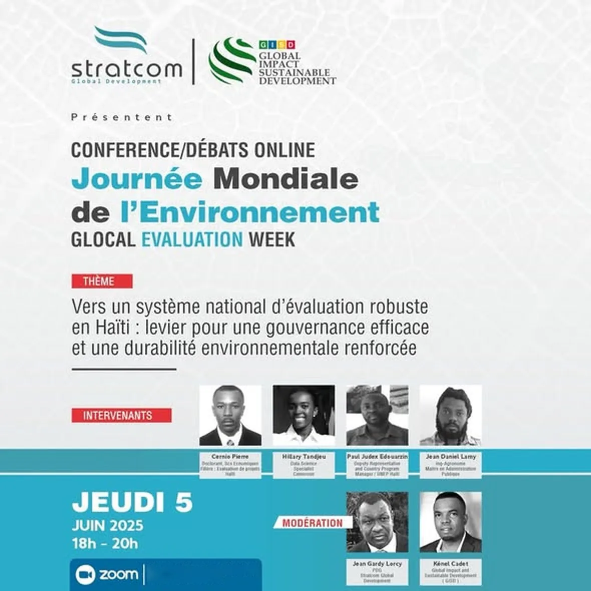 Event poster: Stratcom Global Development and GISD present an online conference and debate for World Environment Day and gLOCAL Evaluation Week, Thursday, June 5, 2025, 6–8 PM, with speakers and moderators.
